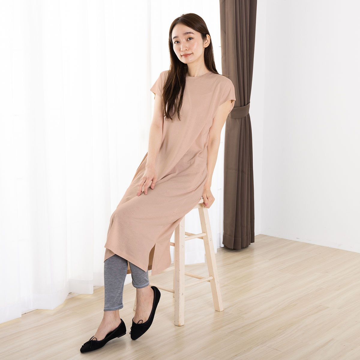 コットンシルク ワンピース レディース ピンク グレー M-L