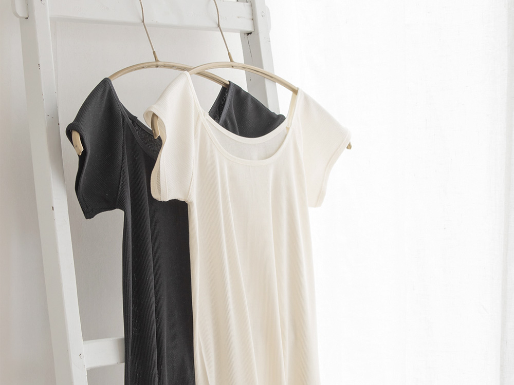 シルク100% テレコ フレンチ袖 インナー 日本製 Uネック ウォッシャブル加工