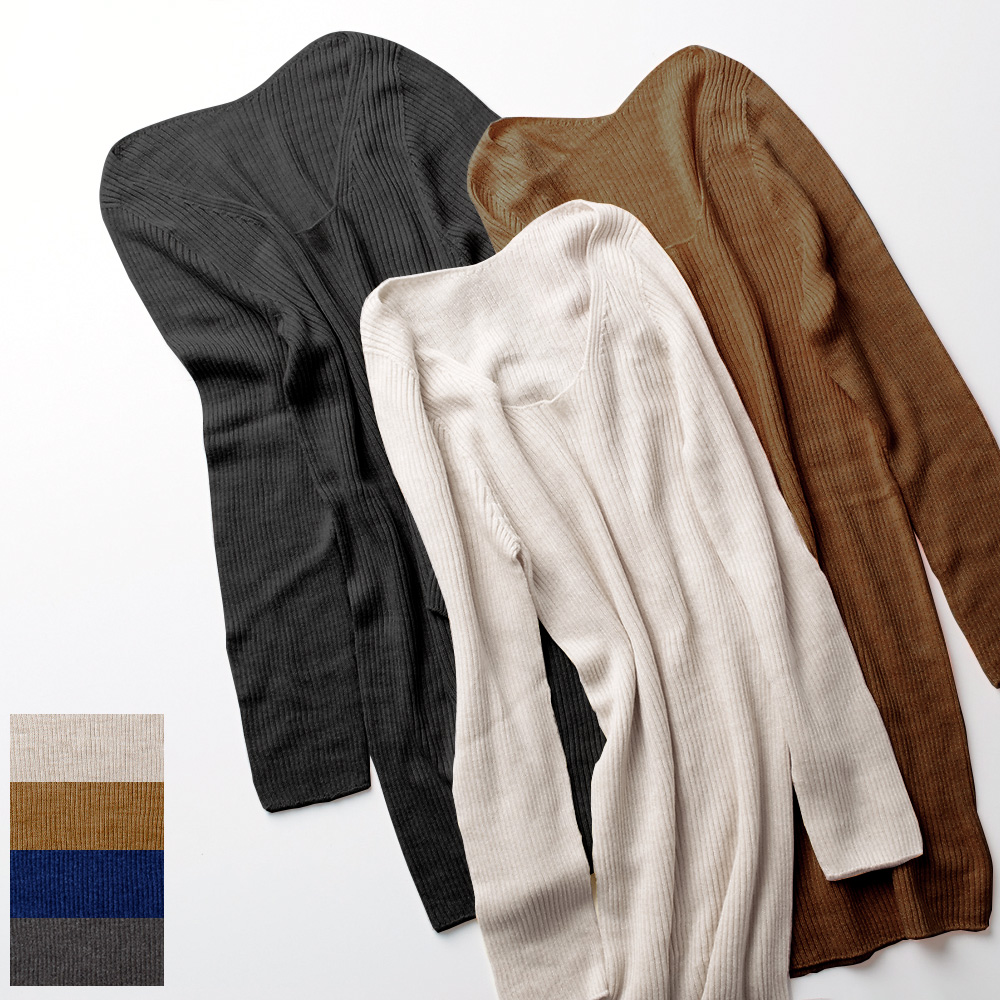 シルク100％ ふわふわ加工 リブニット 7分袖 インナー 日本製 縫い目のないホールガーメント