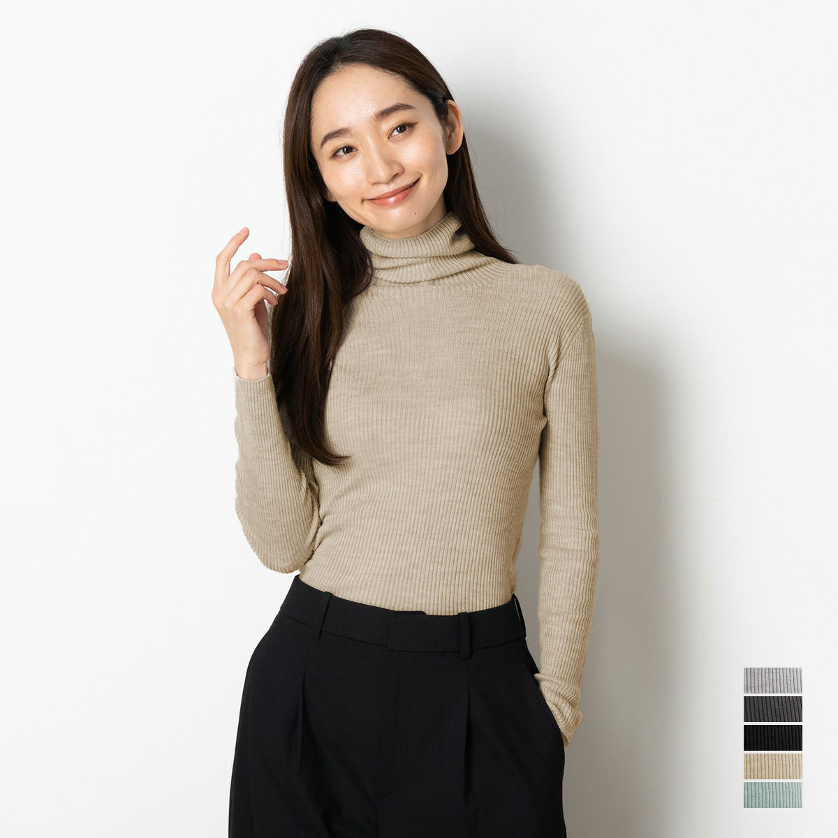 シルク100％ ふわふわ加工 タートルネック 長袖 ニット 日本製 リブ編み 縫い目のないホールガーメント