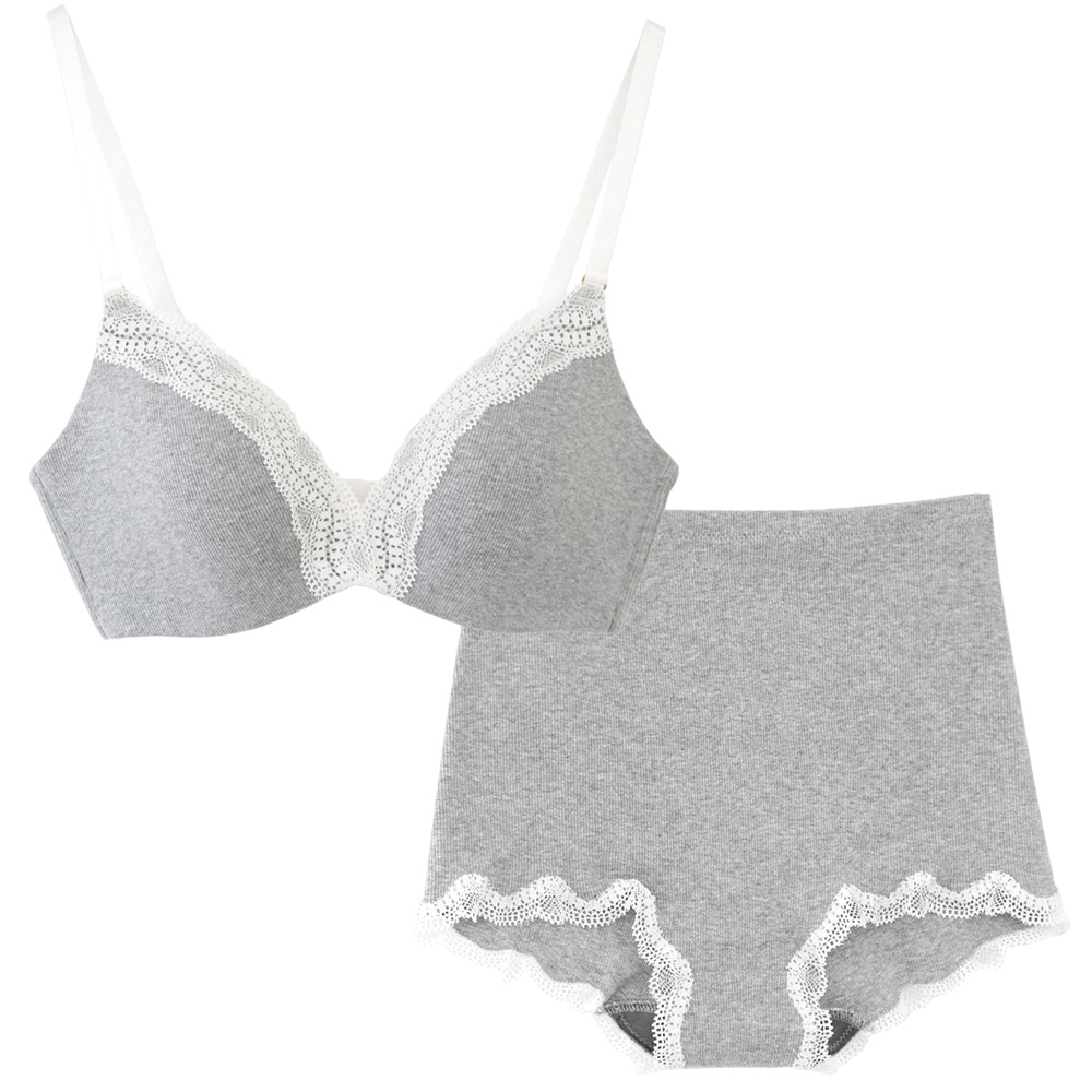 【お得な上下セット】カップ裏シルク モールドカップ ノンワイヤーブラジャー＆コットンリブ ショーツ 上下セット