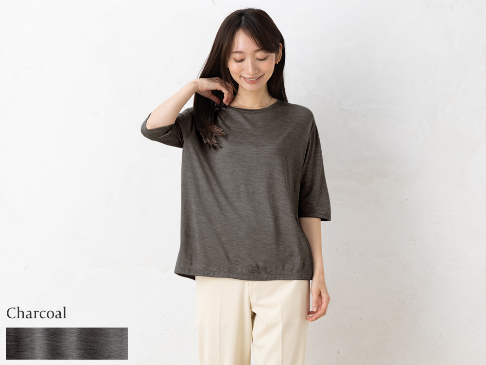 シルク100％ ジャージー クルーネック 5分袖トップス 日本製