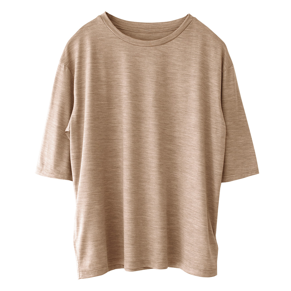 シルク100％ ジャージー クルーネック 5分袖トップス 日本製