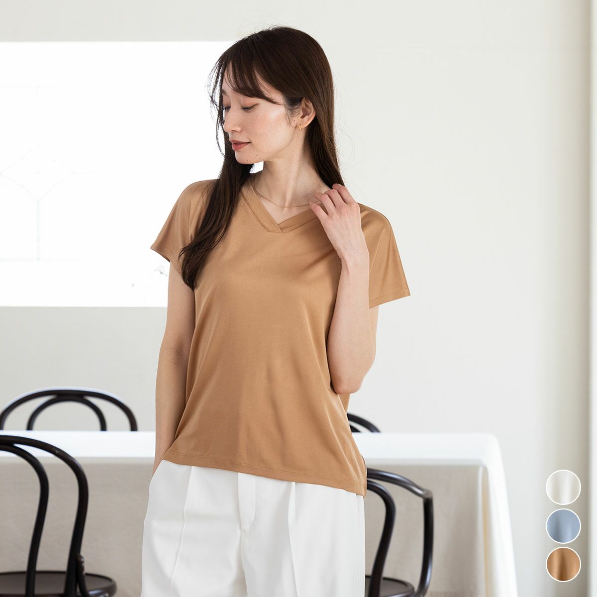 シルク100% 正絹スムース140g Vネック フレンチ袖トップス