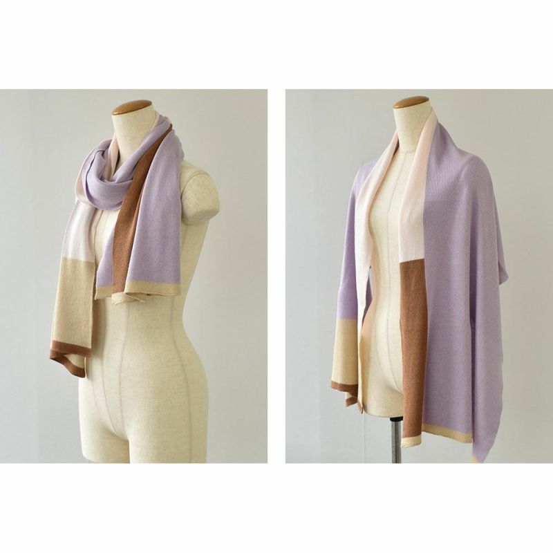 シルク100％ ふわふわ加工 ストール ブロック柄 日本製