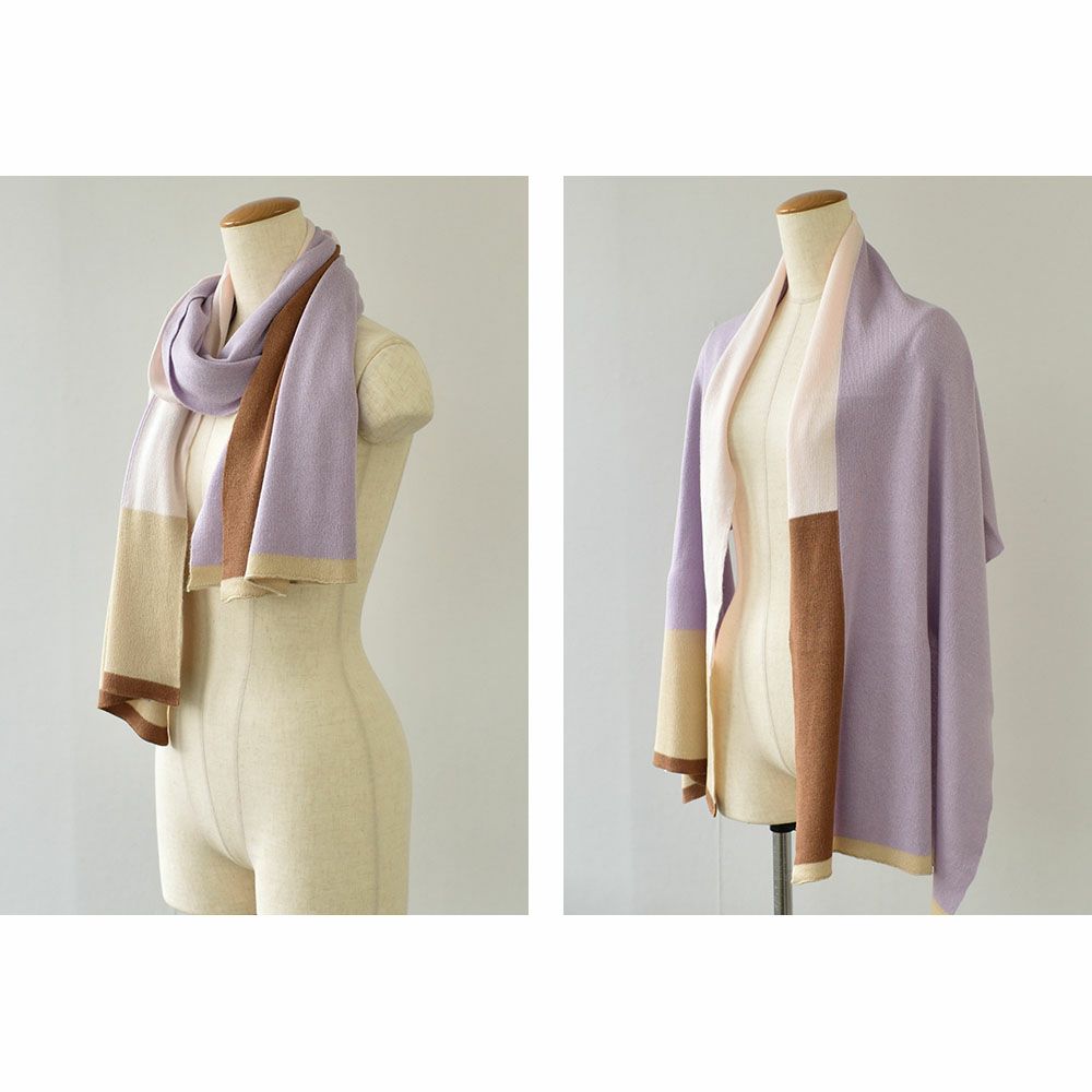 シルク100％ ふわふわ加工 ストール ブロック柄 日本製