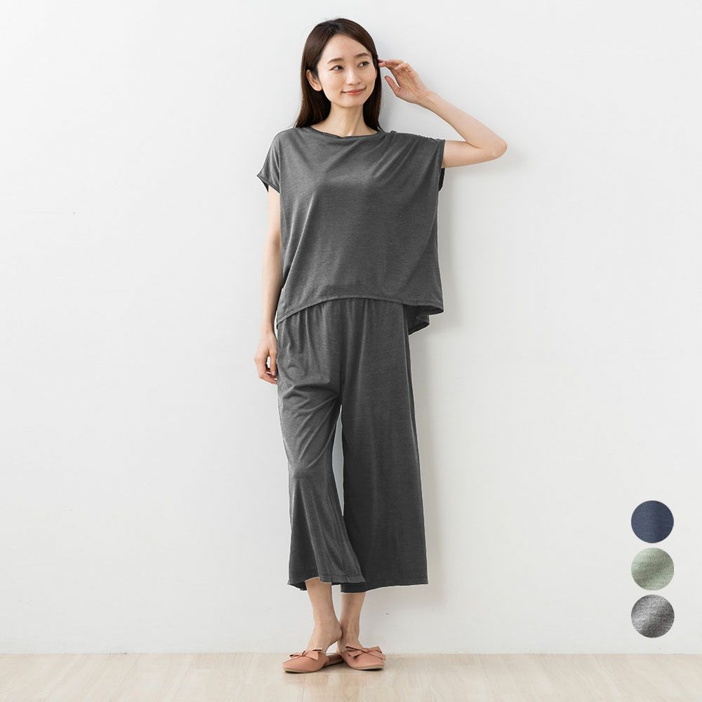 シルク100% ソフトジャージー パジャマ 上下セット フレンチ袖トップスとガウチョパンツ 日本製