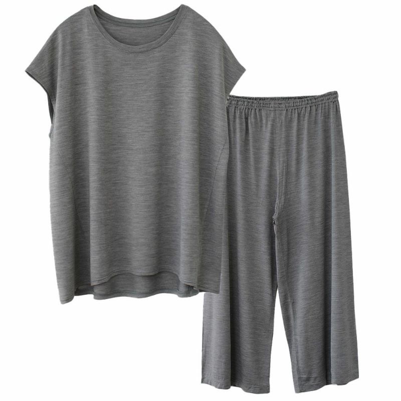 シルク100% ソフトジャージー パジャマ 上下セット フレンチ袖トップスとガウチョパンツ 日本製