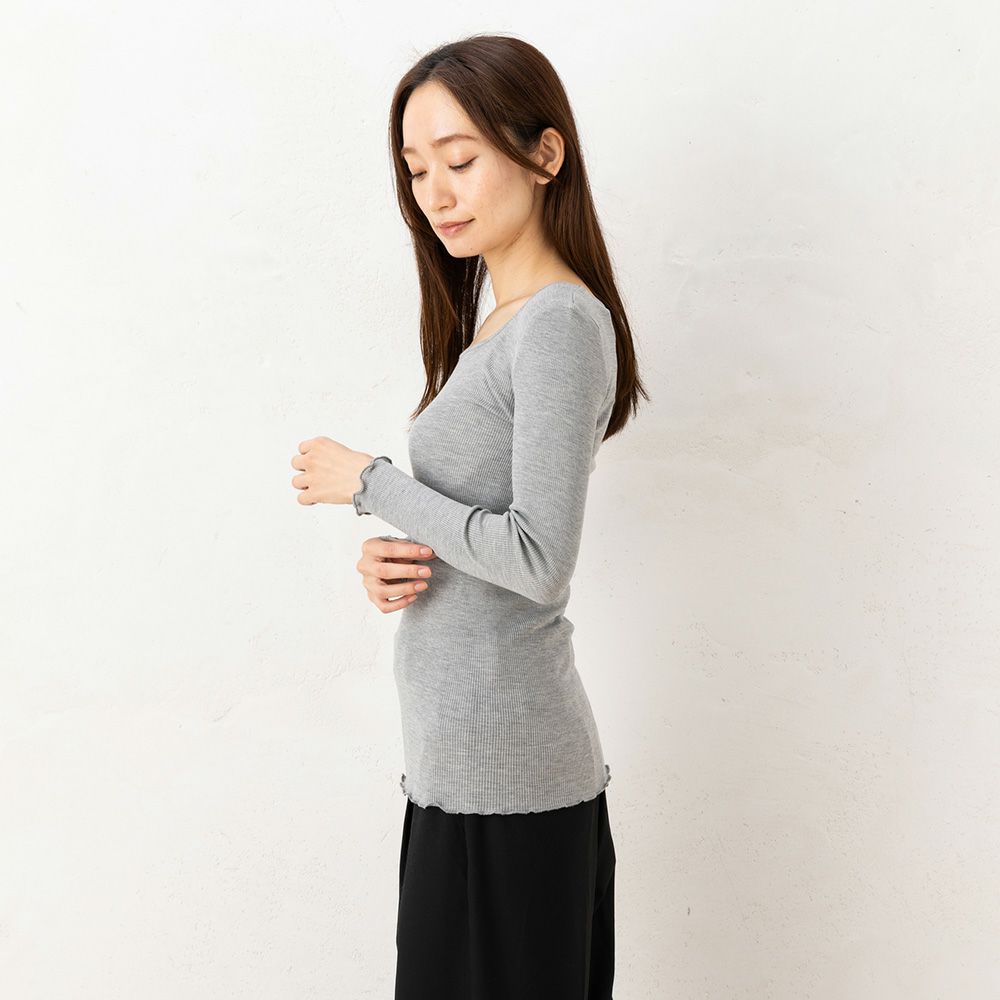 シルクコットン リブ編み スクエアネック 長袖インナー サイドシームレス
