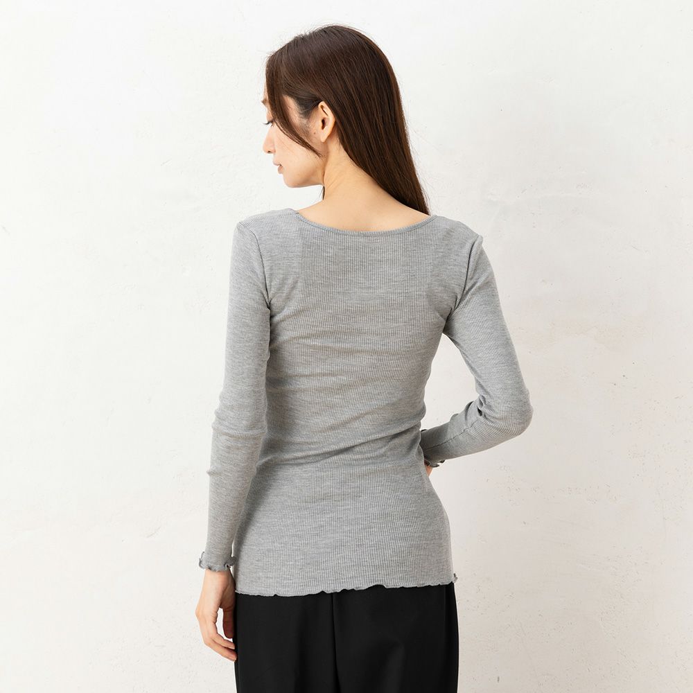 シルクコットン リブ編み スクエアネック 長袖インナー サイドシームレス