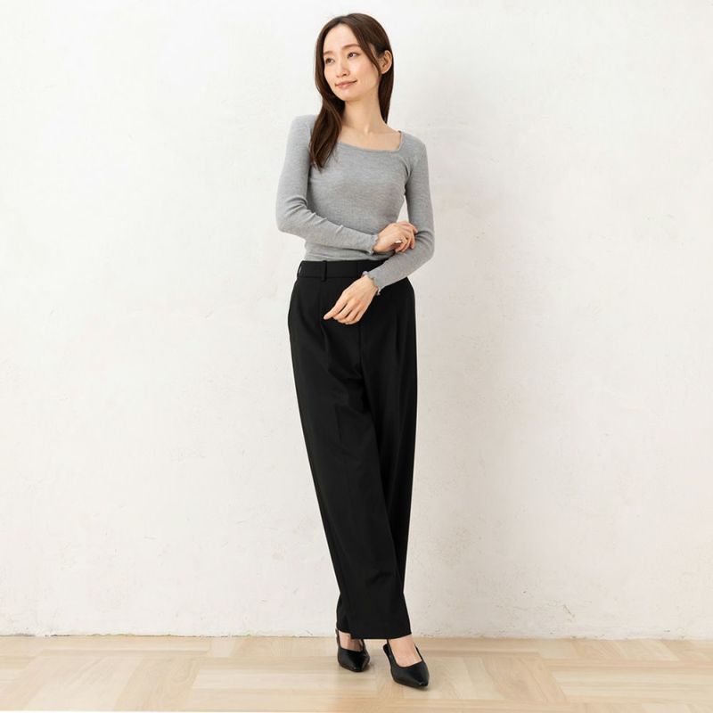 シルクコットン リブ編み スクエアネック 長袖インナー サイドシームレス