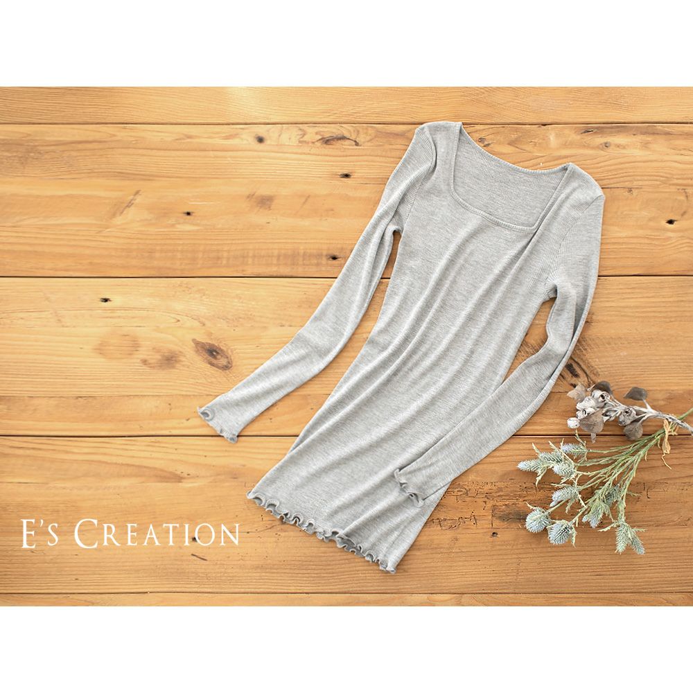 シルクコットン リブ編み スクエアネック 長袖インナー サイドシームレス