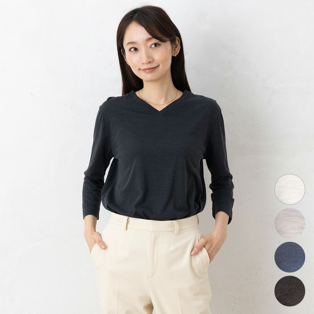 シルク100％ ソフトジャージー Vネック 7分袖トップス 日本製 ウォッシャブル加工