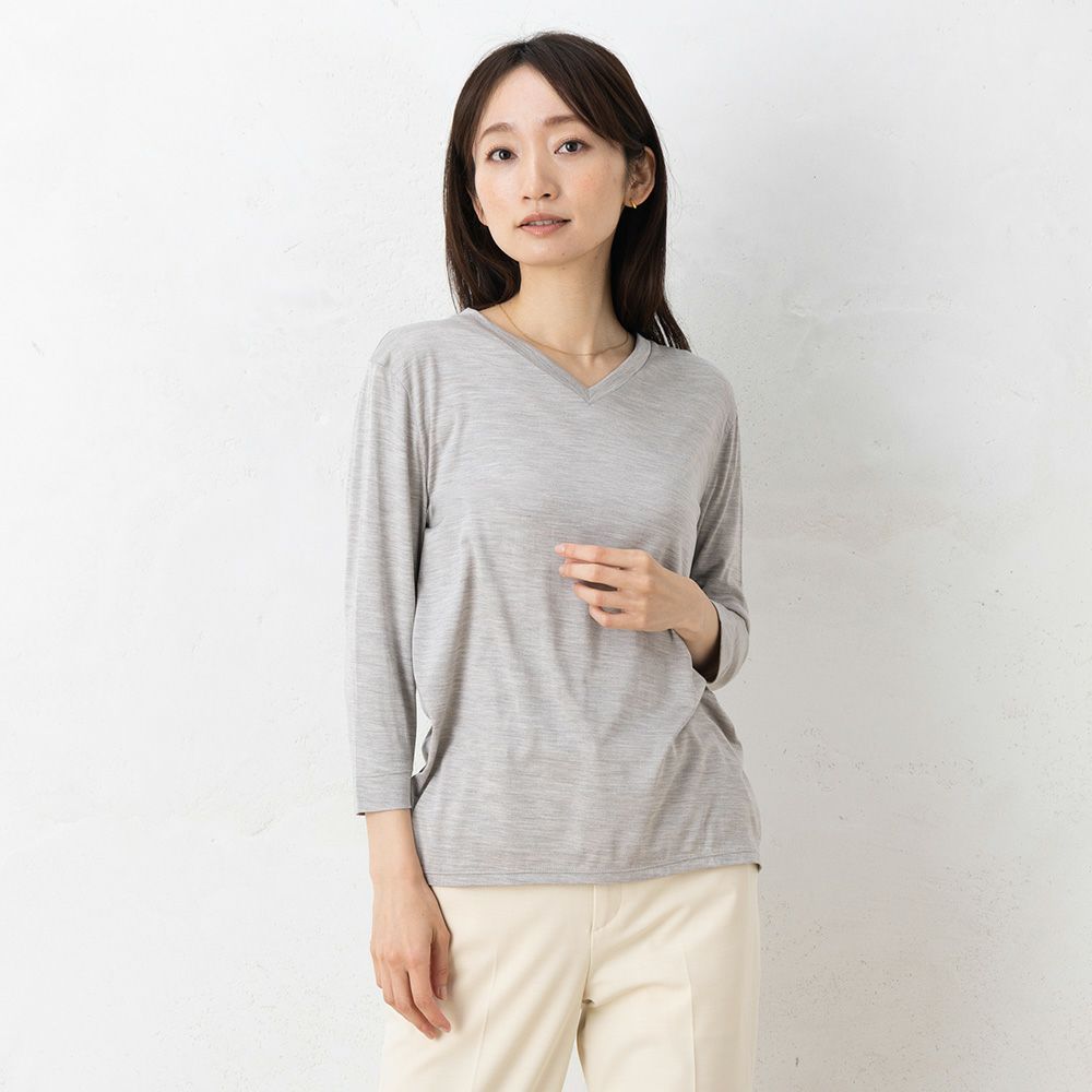 シルク100％ ソフトジャージー Vネック 7分袖トップス 日本製 ウォッシャブル加工