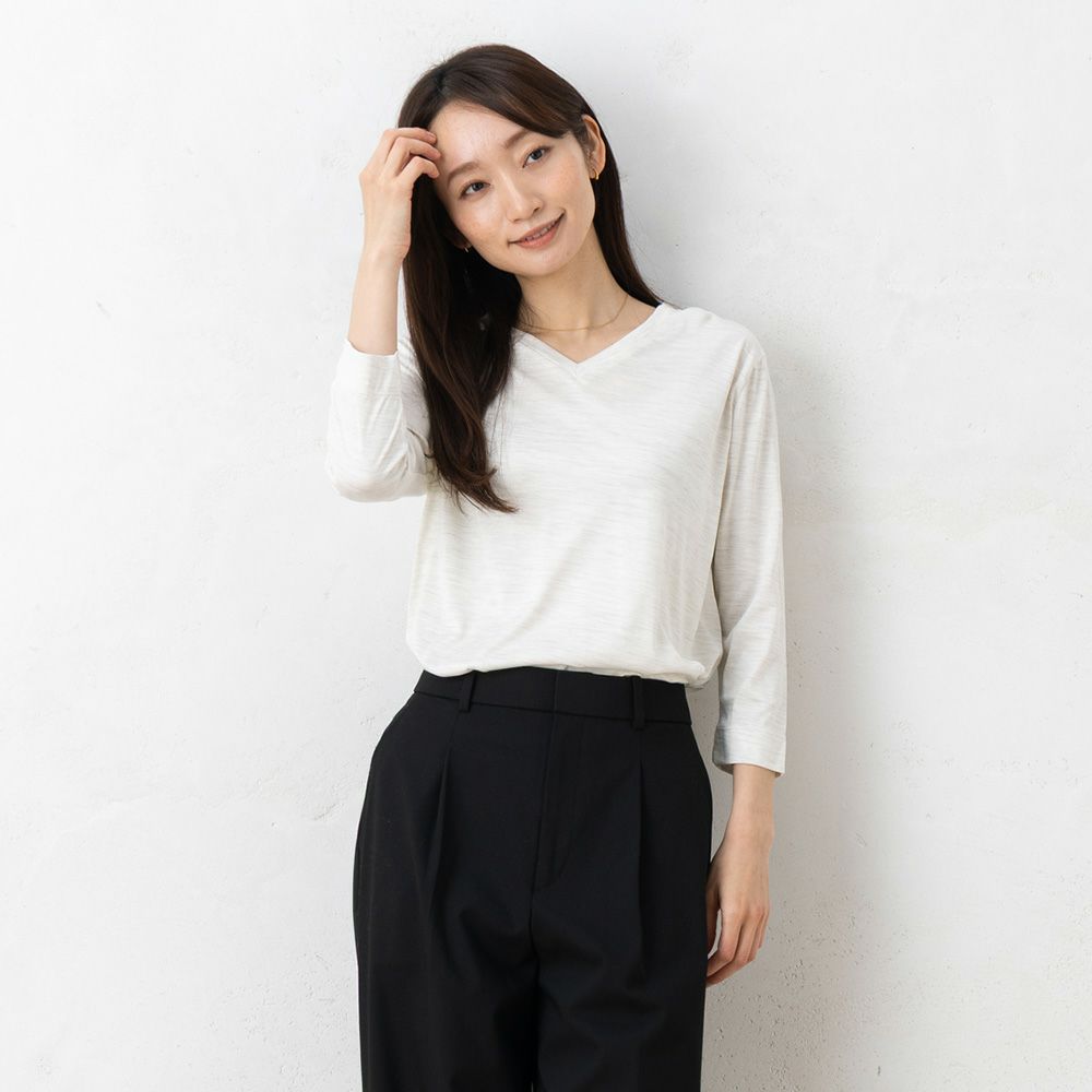 シルク100％ ソフトジャージー Vネック 7分袖トップス 日本製 ウォッシャブル加工