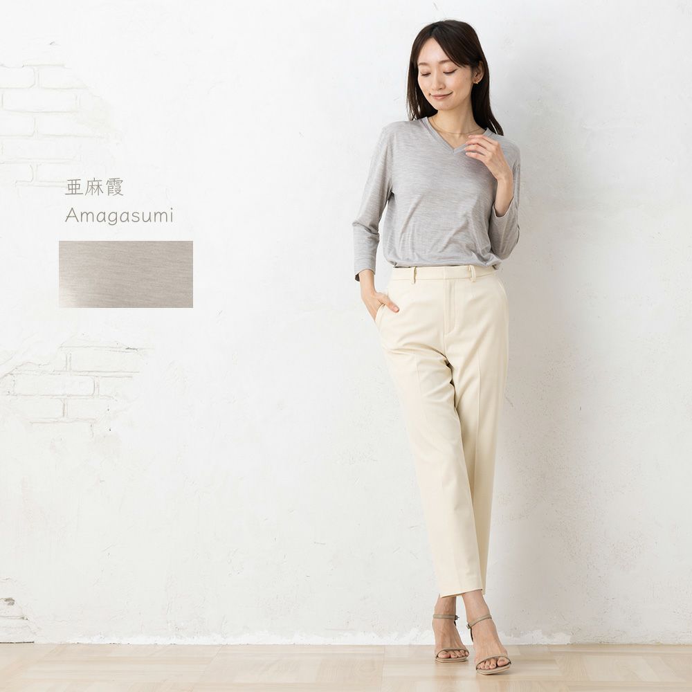 シルク100％ ソフトジャージー Vネック 7分袖トップス 日本製 ウォッシャブル加工