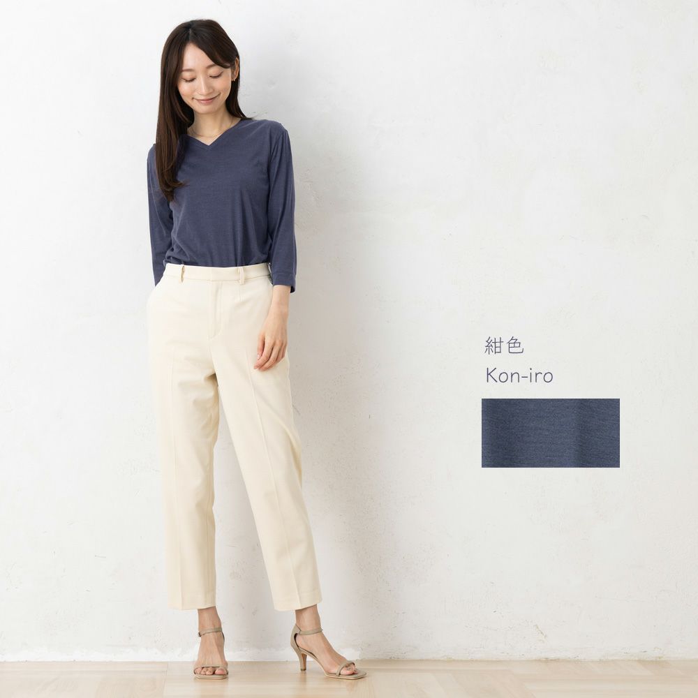 シルク100％ ソフトジャージー Vネック 7分袖トップス 日本製 ウォッシャブル加工