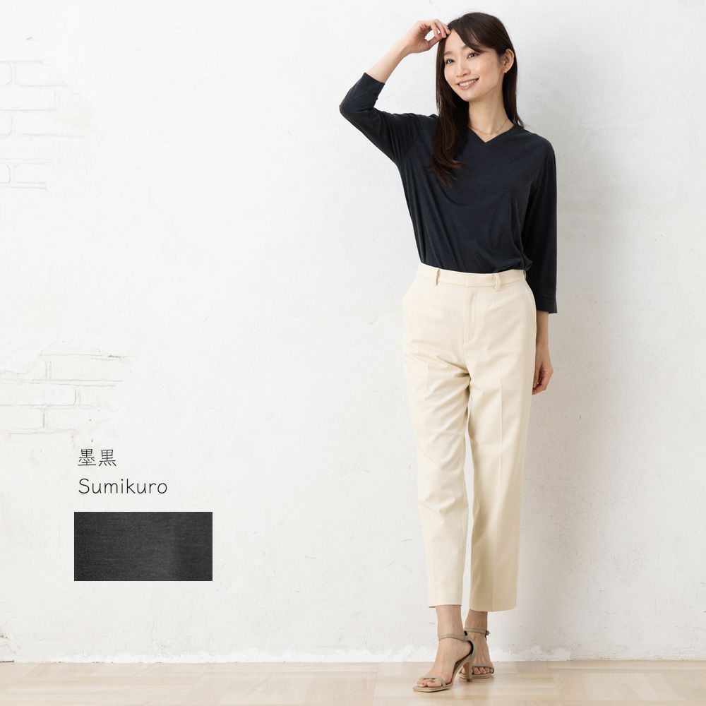 シルク100％ ソフトジャージー Vネック 7分袖トップス 日本製 ウォッシャブル加工