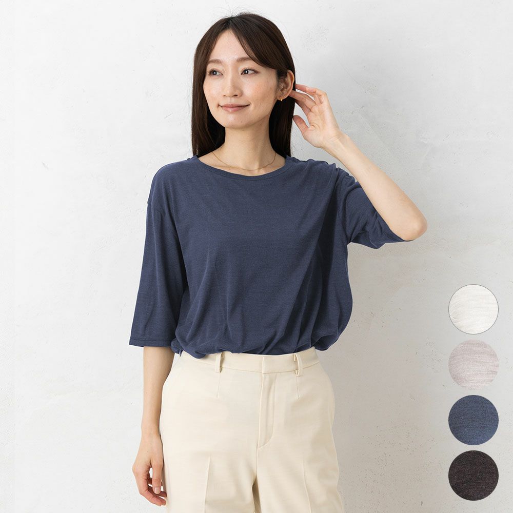 シルク100％ ソフトジャージー クルーネック 5分袖トップス 日本製 ウォッシャブル加工