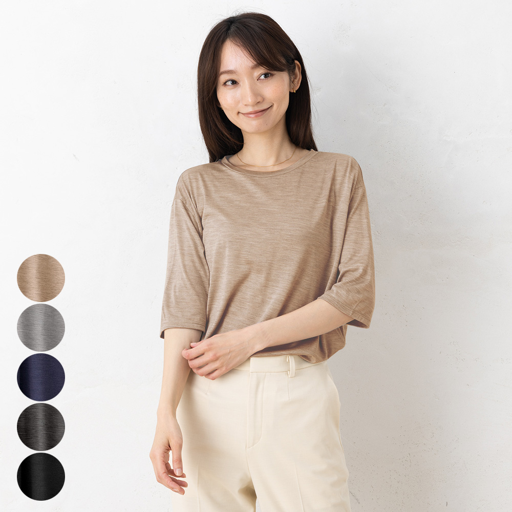 シルク100％ ソフトジャージー クルーネック 5分袖トップス 日本製 ウォッシャブル加工