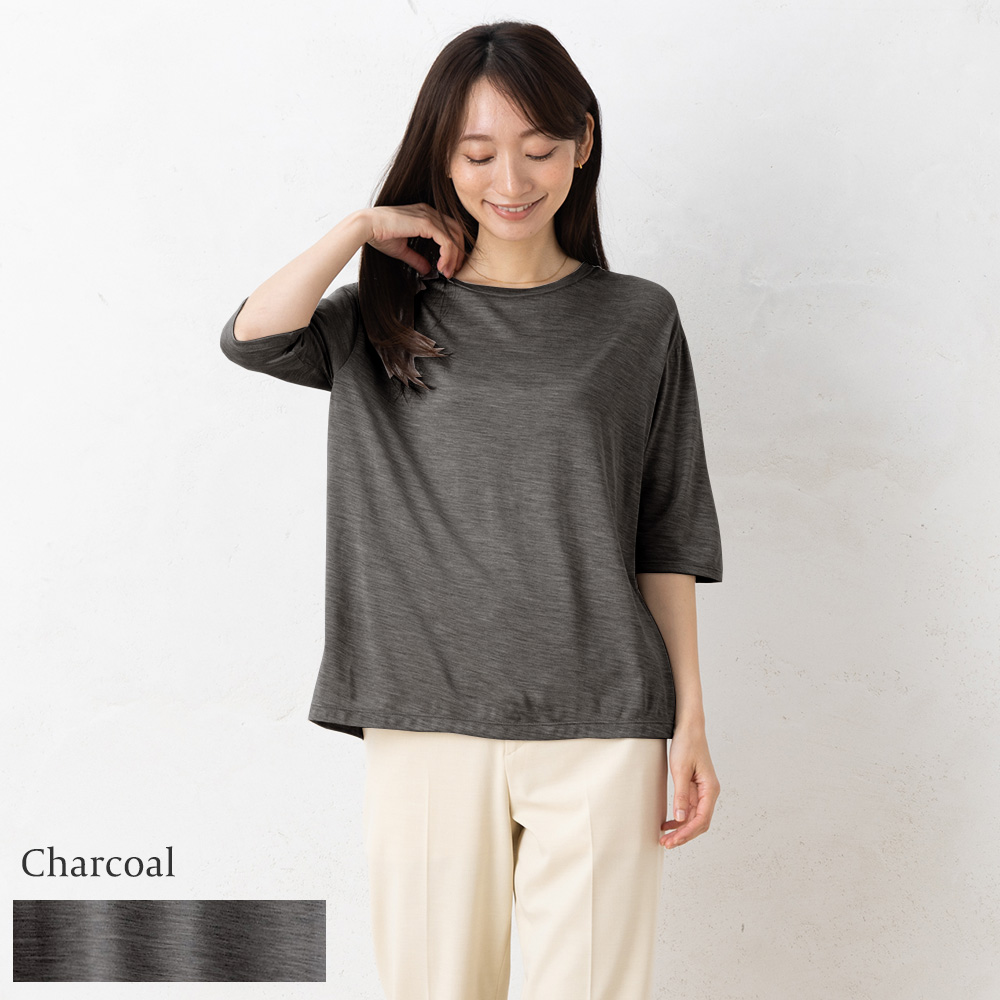 シルク100％ ソフトジャージー クルーネック 5分袖トップス 日本製 ウォッシャブル加工