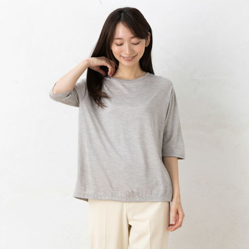 シルク100％ ソフトジャージー クルーネック 5分袖トップス 日本製 ウォッシャブル加工