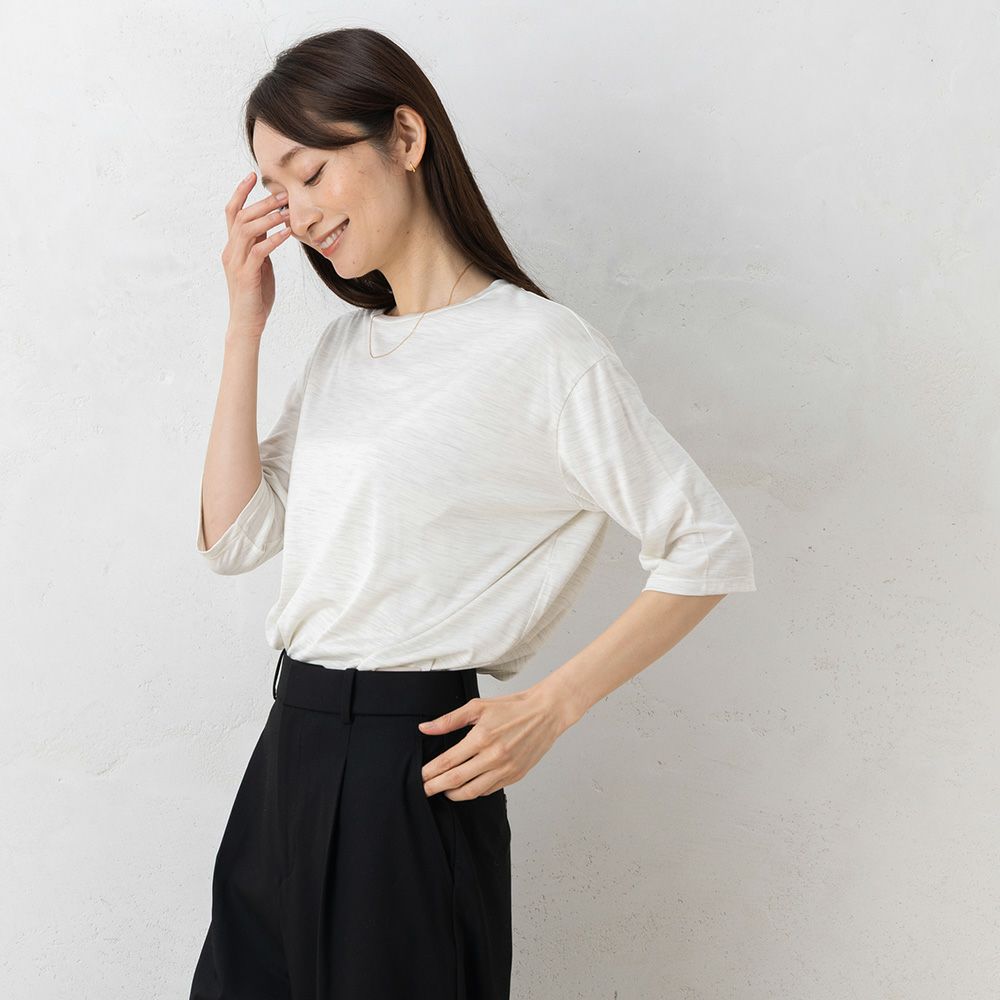 シルク100％ ソフトジャージー クルーネック 5分袖トップス 日本製 ウォッシャブル加工