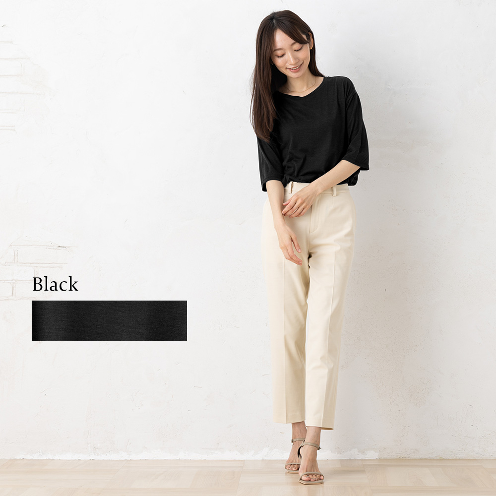 シルク100％ ソフトジャージー クルーネック 5分袖トップス 日本製 ウォッシャブル加工