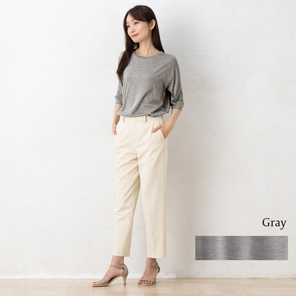 シルク100％ ソフトジャージー クルーネック 5分袖トップス 日本製 ウォッシャブル加工