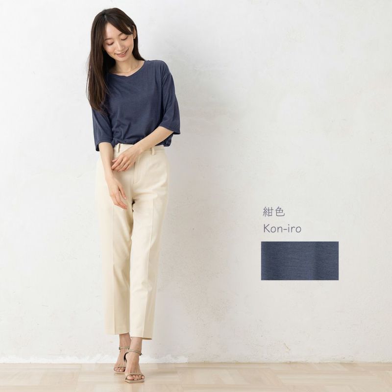 シルク100％ ソフトジャージー クルーネック 5分袖トップス 日本製 ウォッシャブル加工