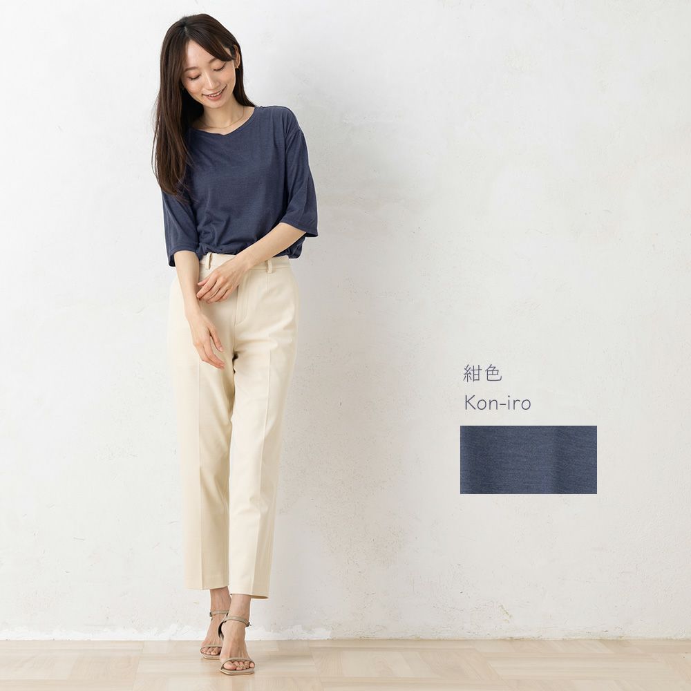 シルク100％ ソフトジャージー クルーネック 5分袖トップス 日本製 ウォッシャブル加工