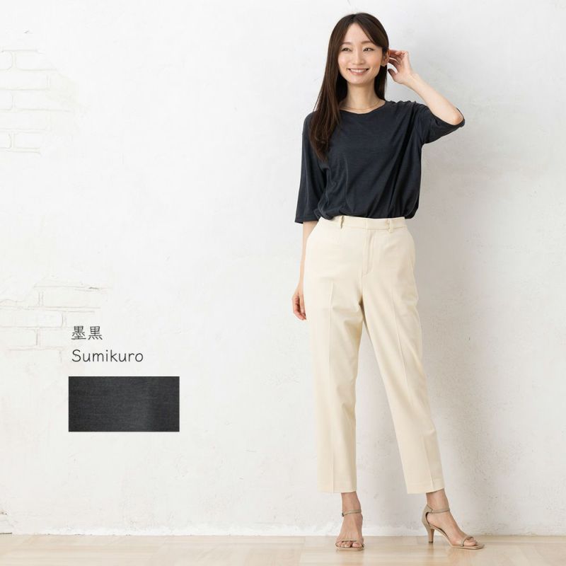 シルク100％ ソフトジャージー クルーネック 5分袖トップス 日本製 ウォッシャブル加工