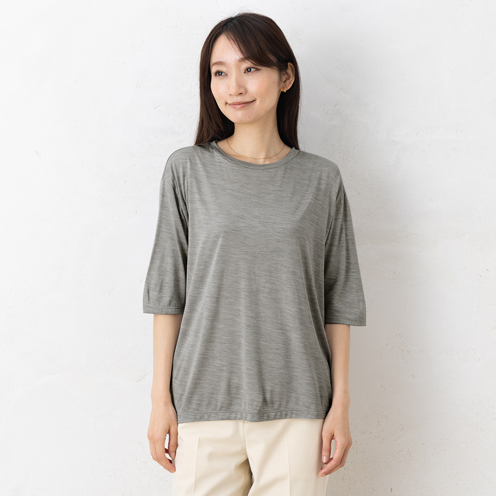 シルク100％ ソフトジャージー クルーネック 5分袖トップス 日本製 ウォッシャブル加工