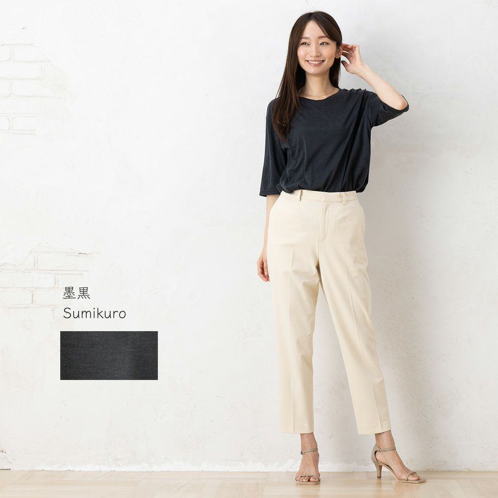 シルク100％ ソフトジャージー クルーネック 5分袖トップス 日本製 ウォッシャブル加工