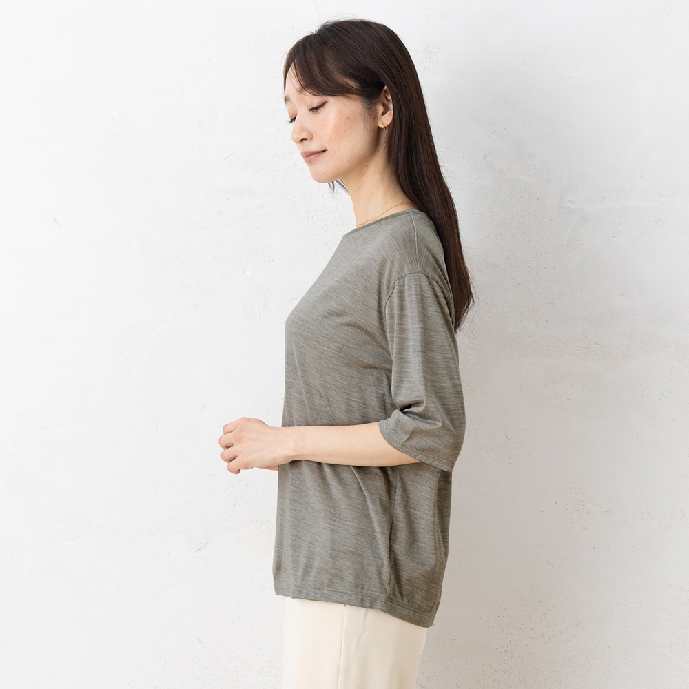 シルク100％ ソフトジャージー クルーネック 5分袖トップス 日本製 ウォッシャブル加工