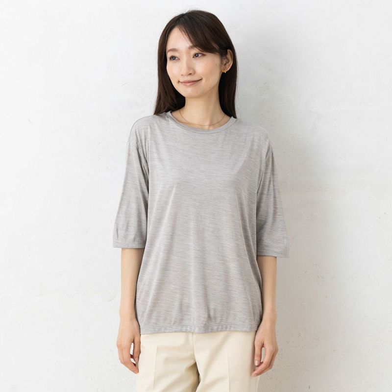 シルク100％ ソフトジャージー クルーネック 5分袖トップス 日本製 ウォッシャブル加工