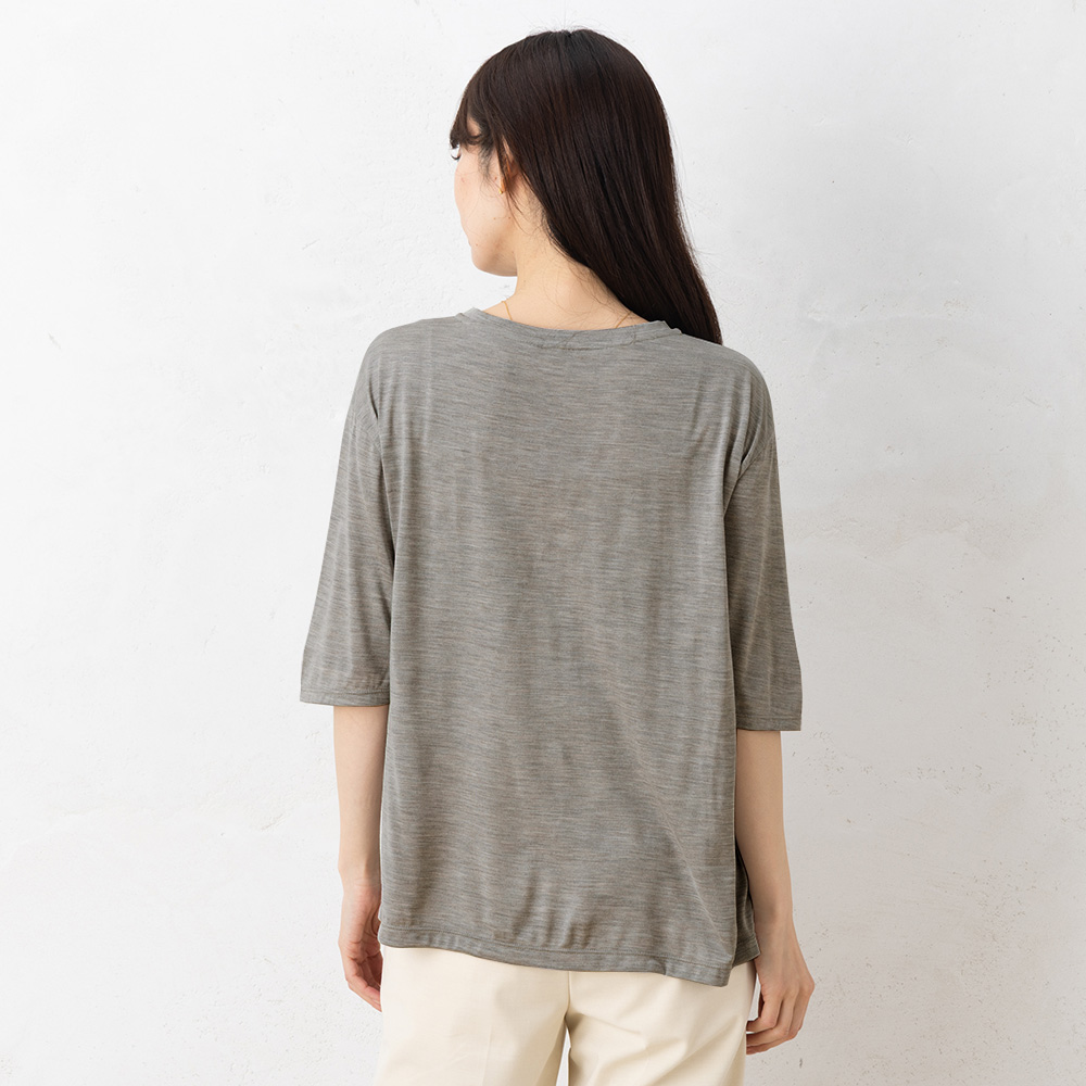 シルク100％ ソフトジャージー クルーネック 5分袖トップス 日本製 ウォッシャブル加工