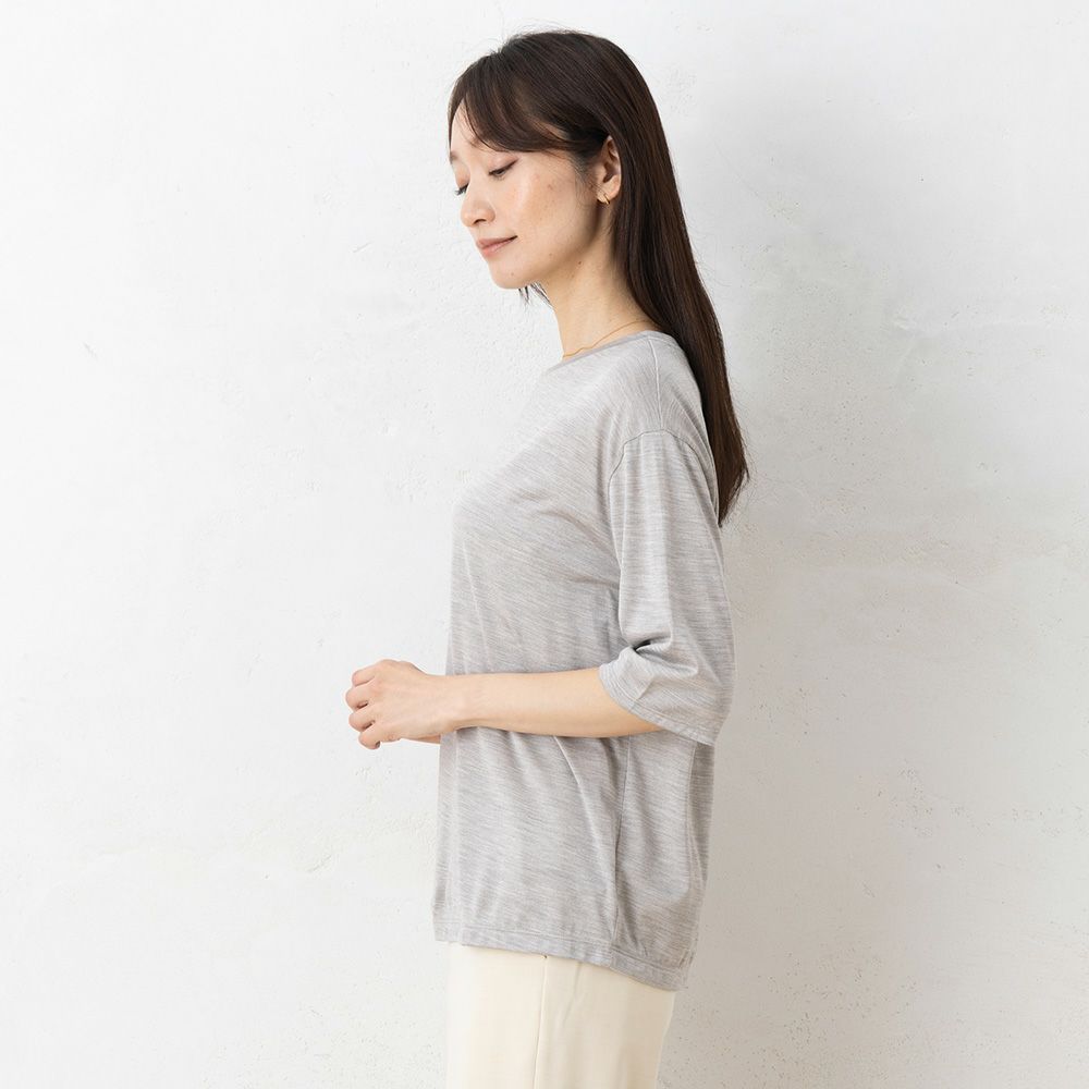 シルク100％ ソフトジャージー クルーネック 5分袖トップス 日本製 ウォッシャブル加工