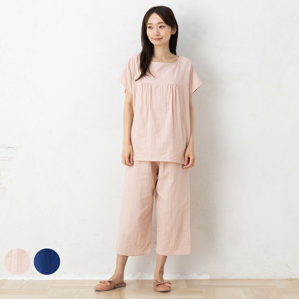 オーガニックコットン100% 和晒しダブルガーゼ 湯上りパジャマ 上下セット フレンチ袖トップスとルームパンツ 日本製
