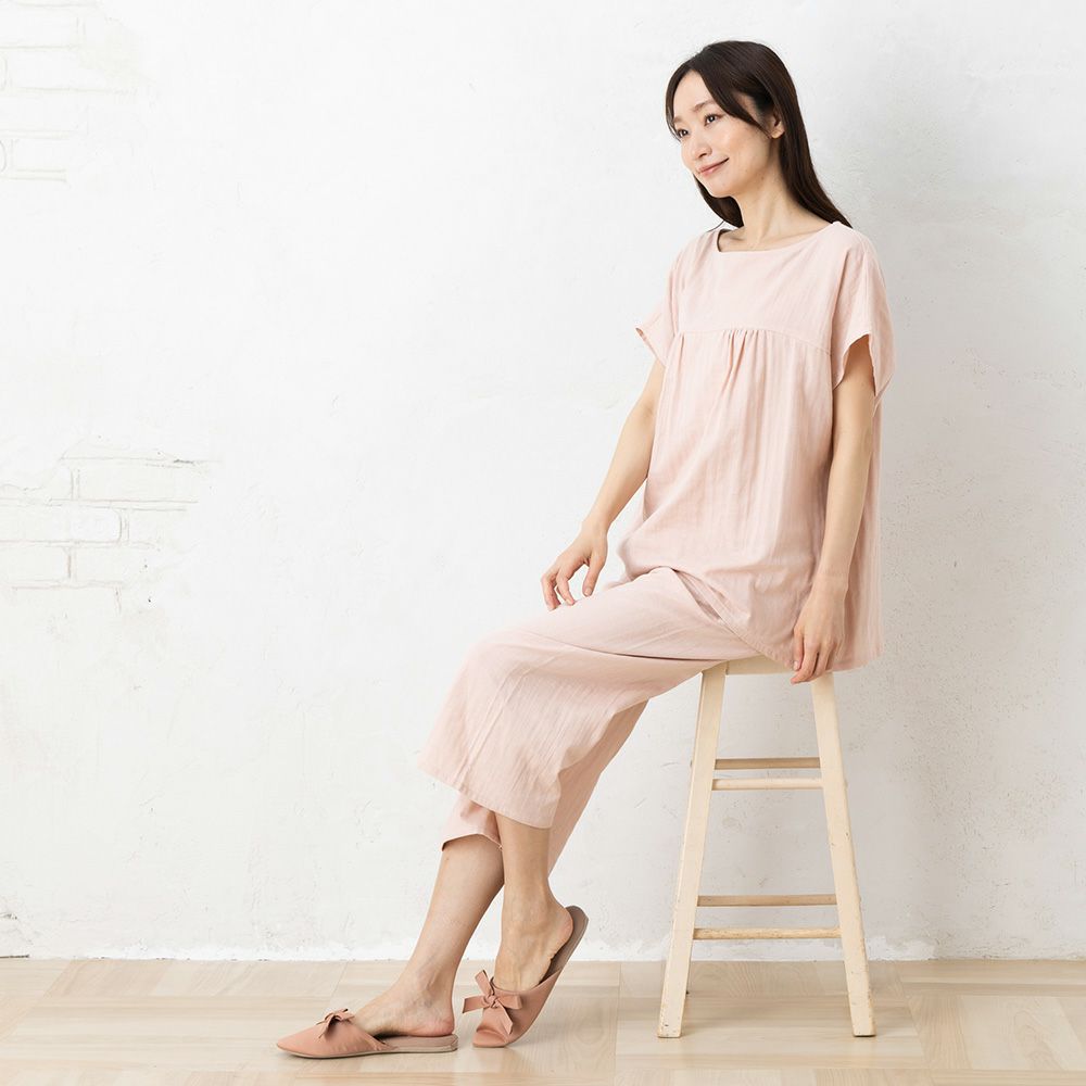 オーガニックコットン100% 和晒しダブルガーゼ 湯上りパジャマ 上下セット フレンチ袖トップスとルームパンツ 日本製