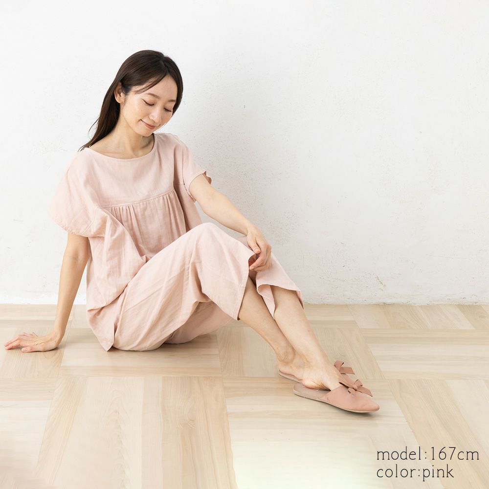 オーガニックコットン100% 和晒しダブルガーゼ 湯上りパジャマ 上下セット フレンチ袖トップスとルームパンツ 日本製