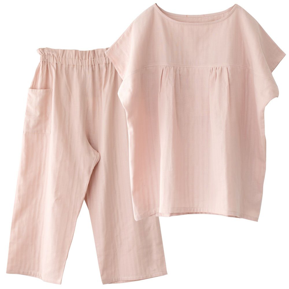 オーガニックコットン100% 和晒しダブルガーゼ 湯上りパジャマ 上下セット フレンチ袖トップスとルームパンツ 日本製