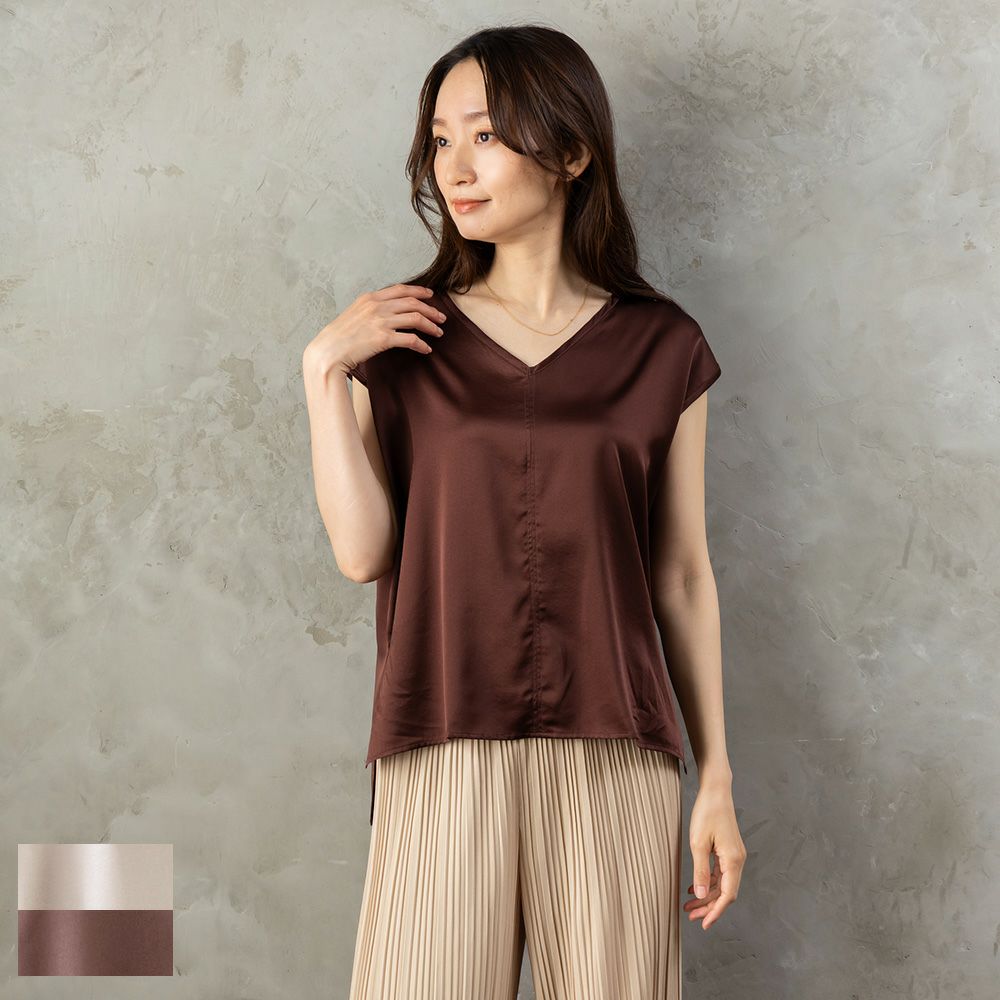 シルク サテンストレッチ Vネック フレンチスリーブ トップス 日本製 19匁