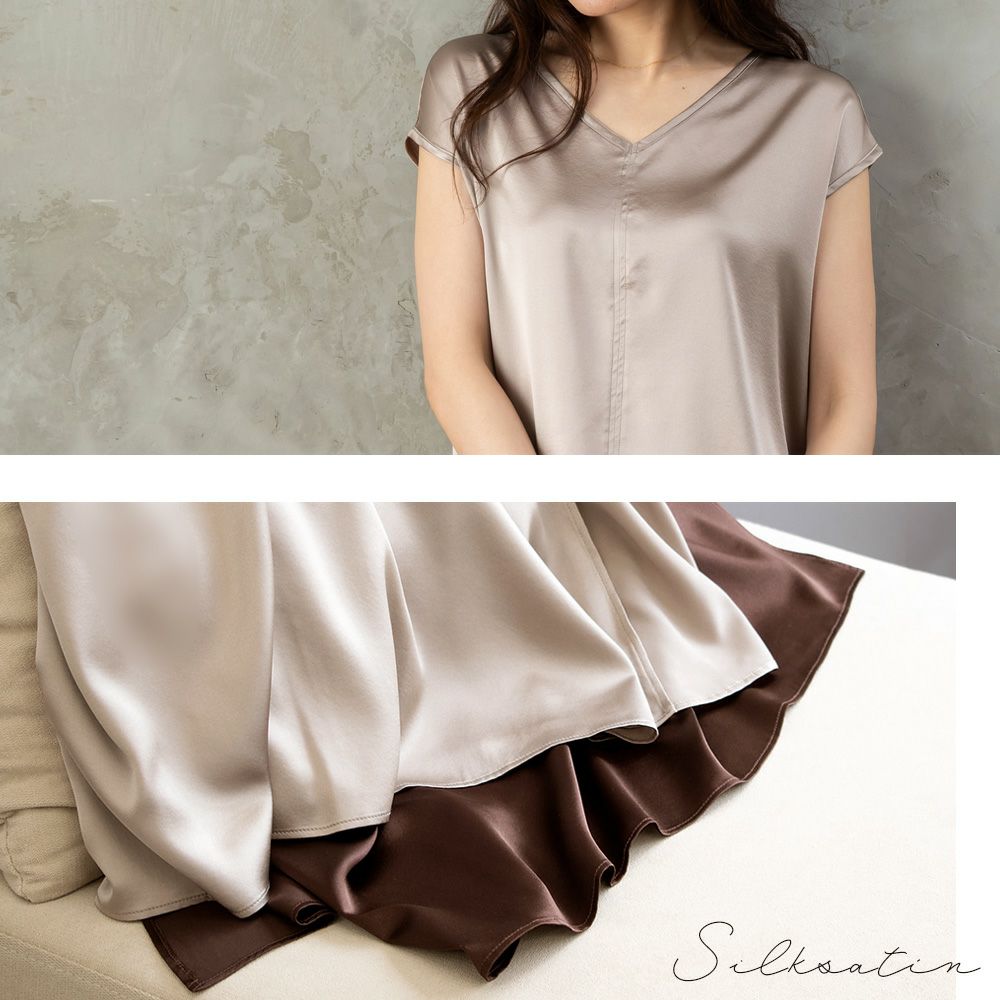 シルク サテンストレッチ Vネック フレンチスリーブ トップス 日本製 19匁