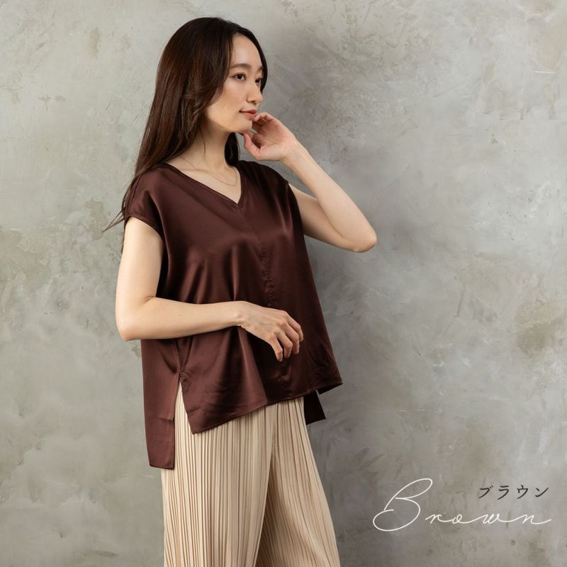 シルク サテンストレッチ Vネック フレンチスリーブ トップス 日本製 19匁