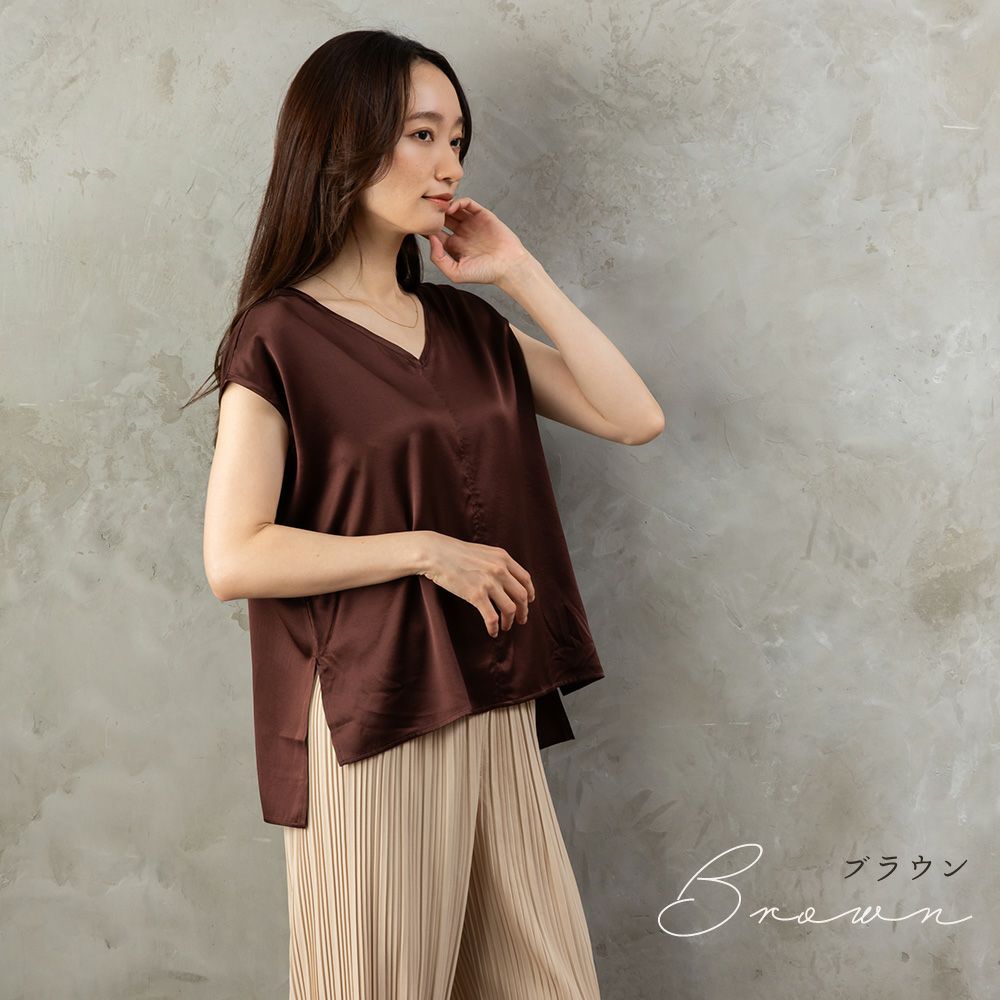 シルク サテンストレッチ Vネック フレンチスリーブ トップス 日本製 19匁
