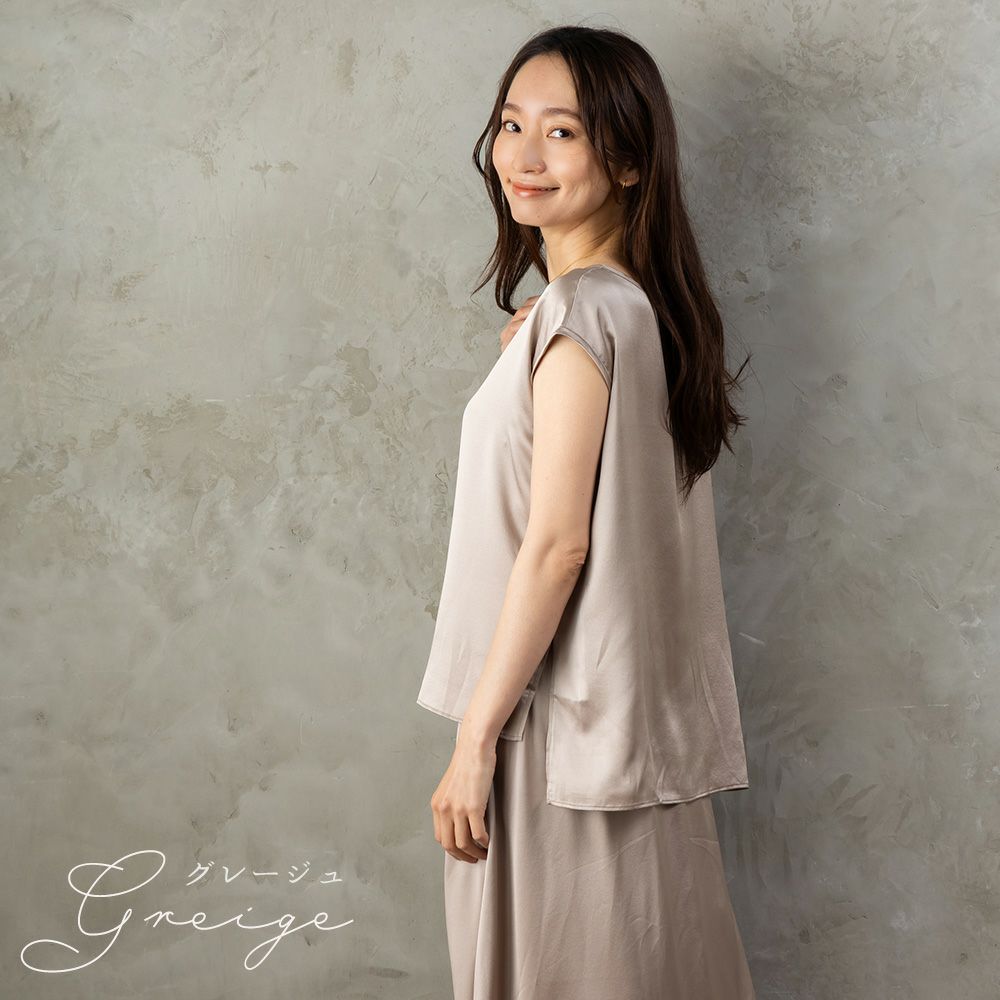 シルク サテンストレッチ Vネック フレンチスリーブ トップス 日本製 19匁