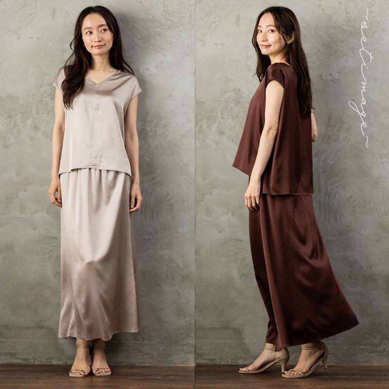 シルク サテンストレッチ Vネック フレンチスリーブ トップス 日本製 19匁