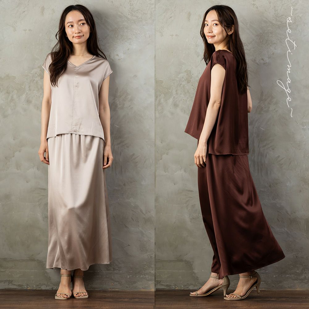 シルク サテンストレッチ Vネック フレンチスリーブ トップス 日本製 19匁