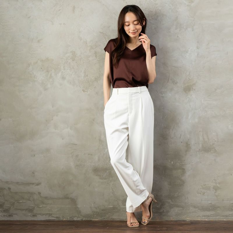 シルク サテンストレッチ Vネック フレンチスリーブ トップス 日本製 19匁